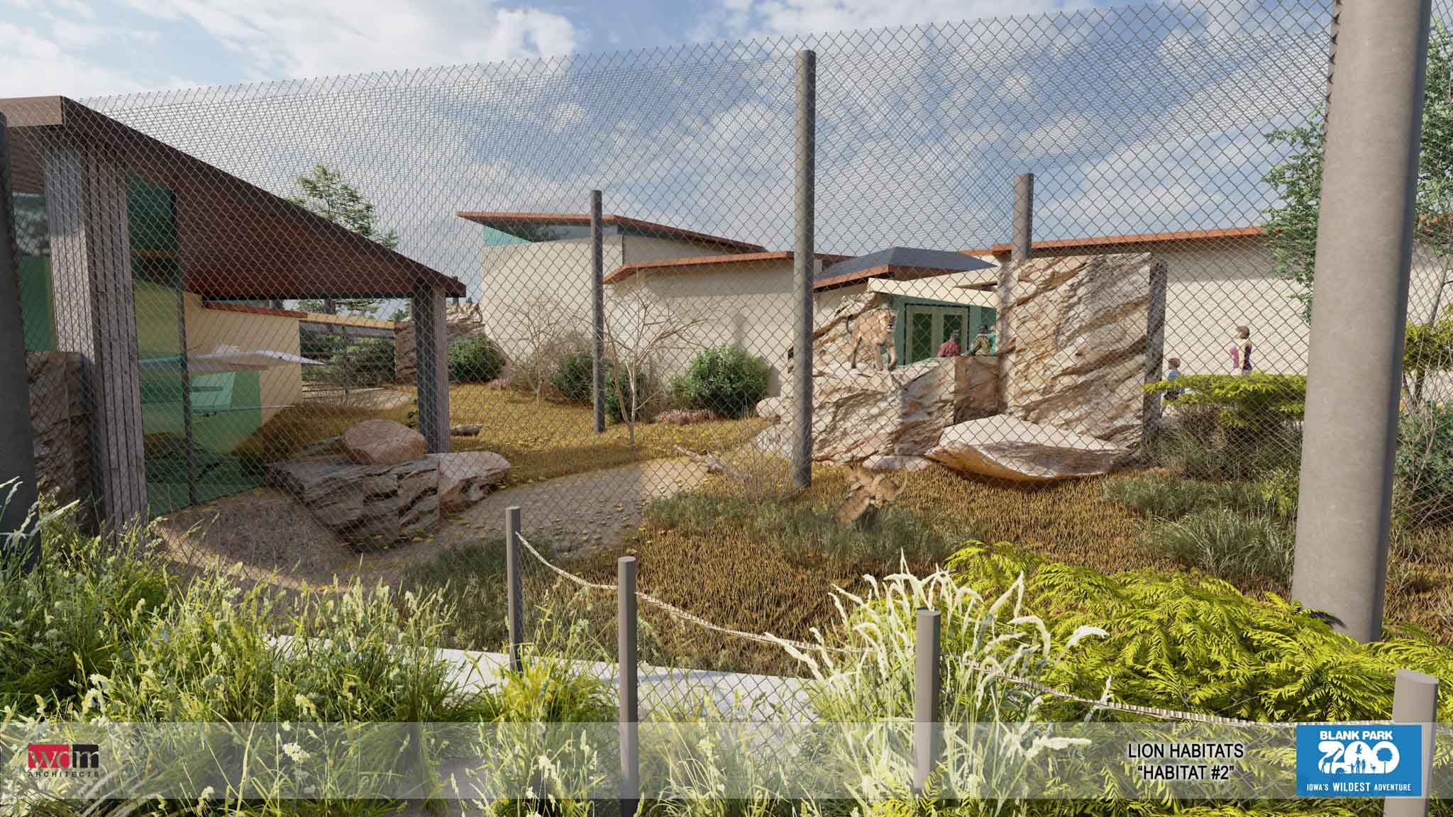 Rendering of lion habitat with rocks and buildings for viewing
