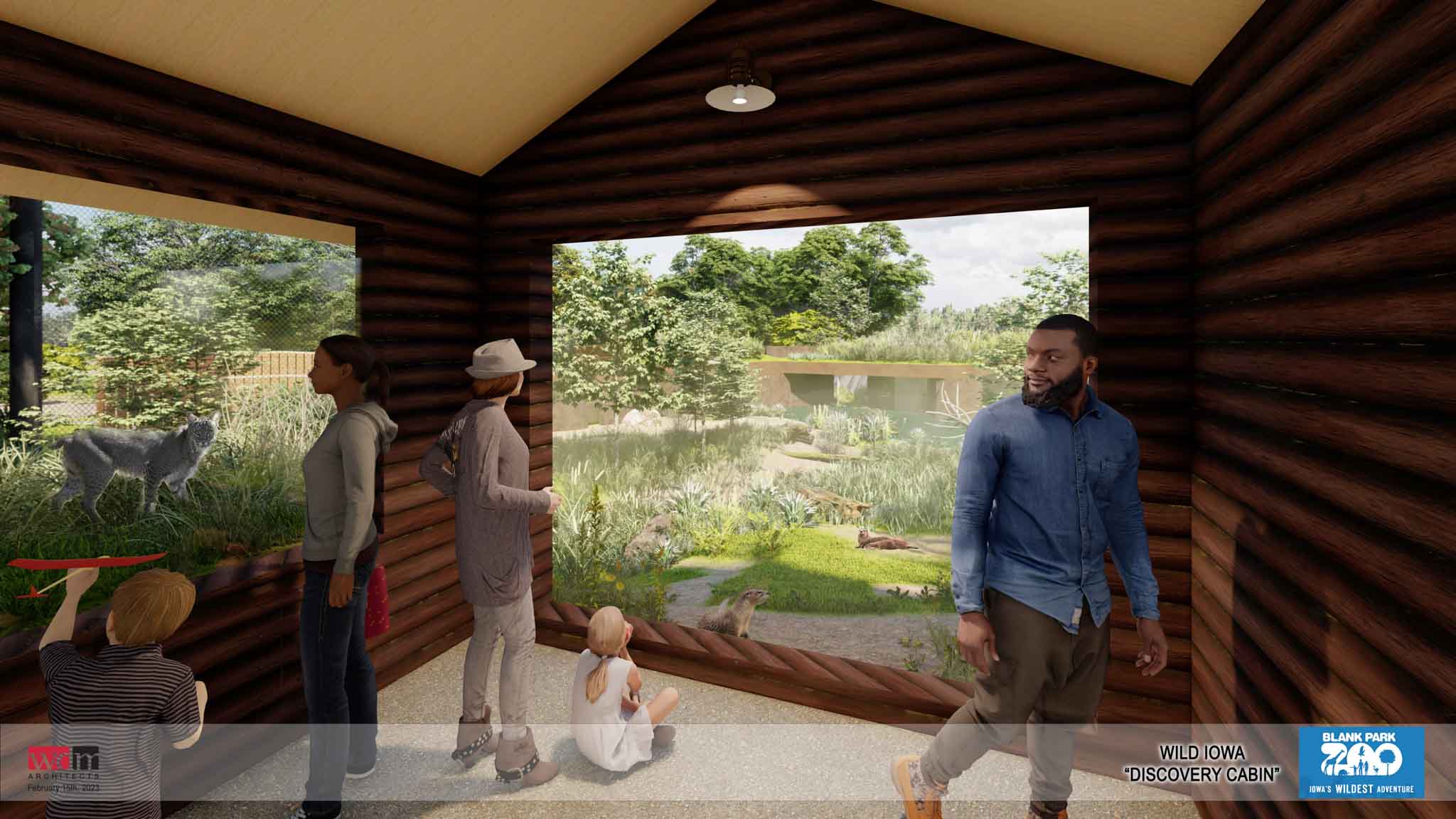 Rendering of guests inside a cabin with floor to ceiling length glass viewing windows of the otter habitat and bobcat habitat