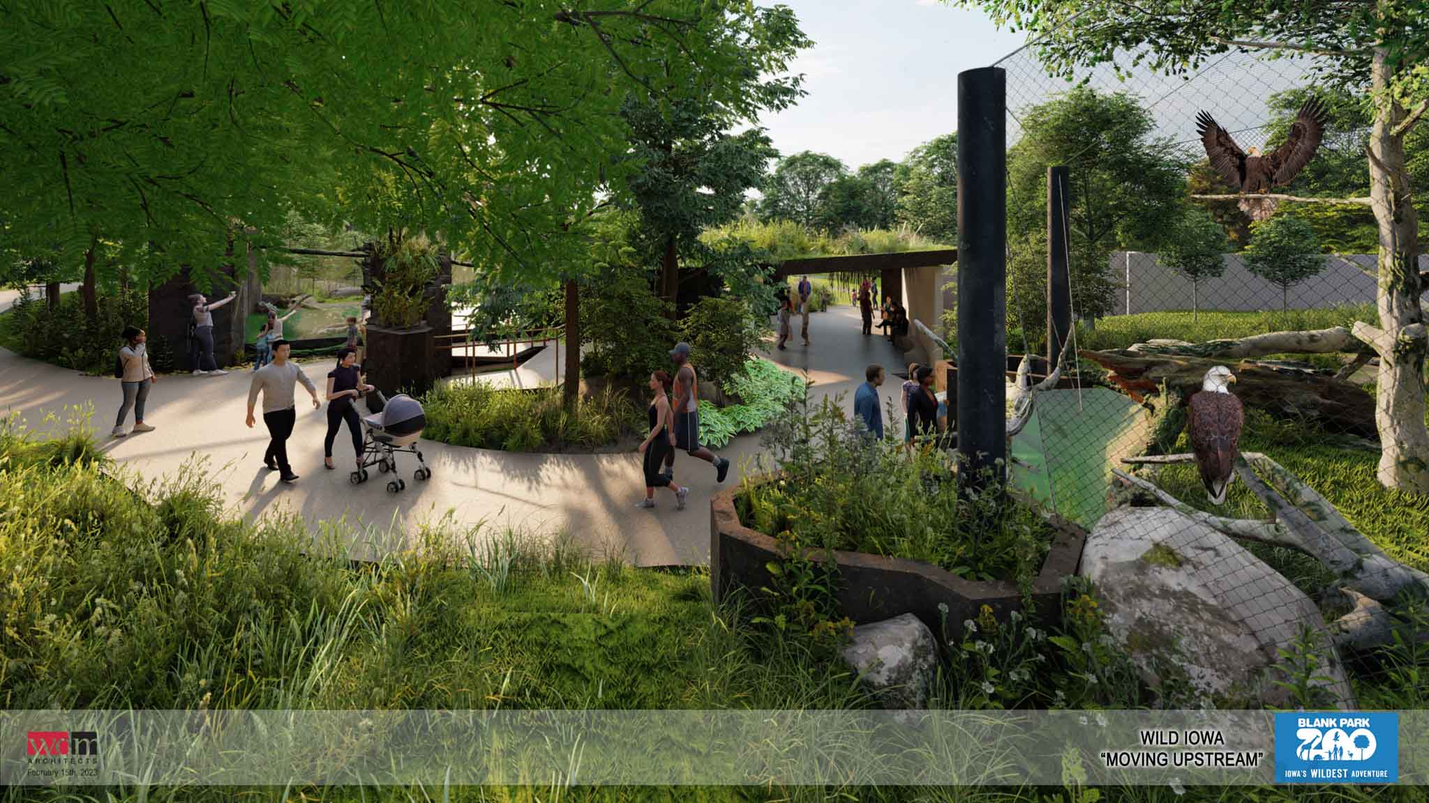 Rendering fo guests walking a path through plants, trees and looking at the eagle habitat