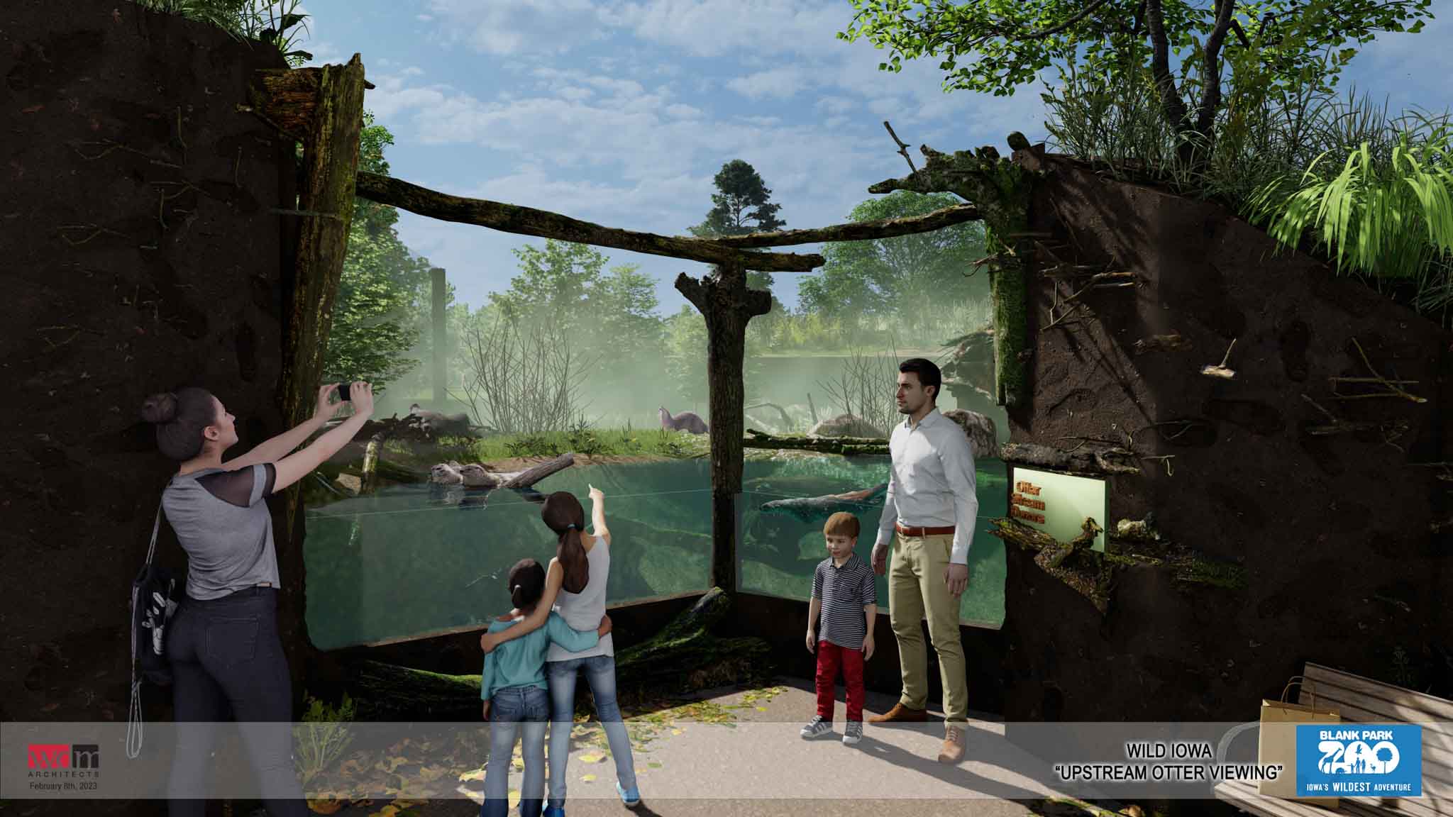 Rendering of a faily taking pictures near the shallow stream otter habitat