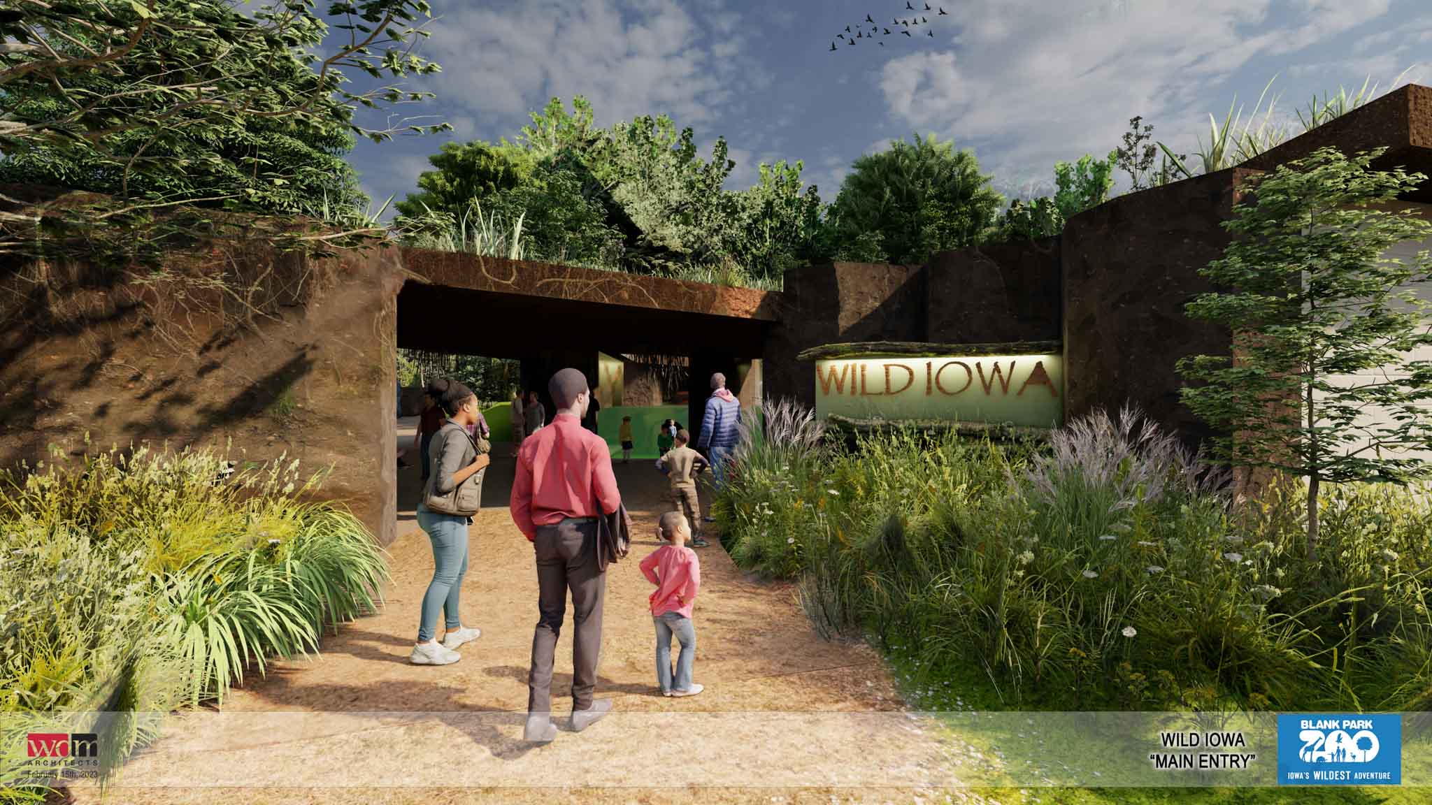 Rendering of family of three walking pathway surrounded by plants entering Wild Iowa stone entry
